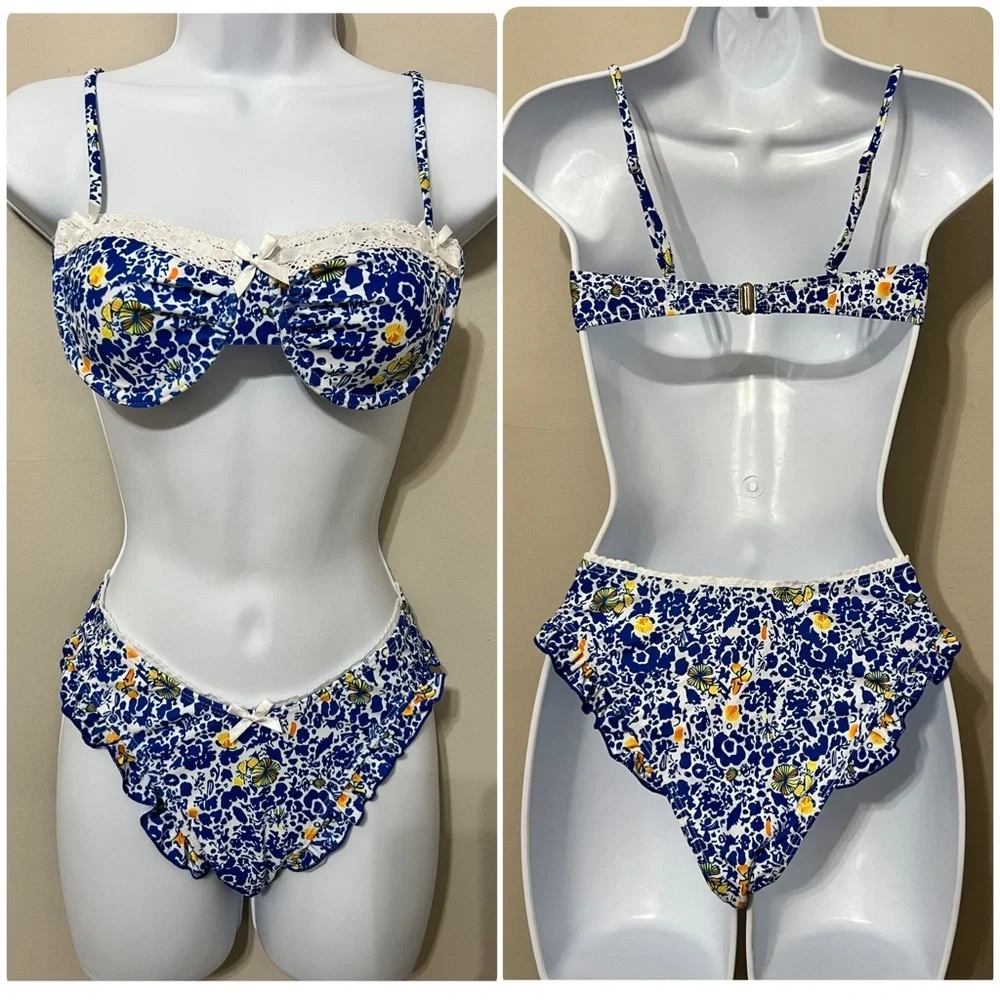 Blue Floral Frill Trim Underwire Bikini Set